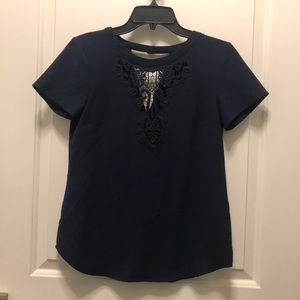 New York Company Navy Blue Lace Appliqué Short Sleeves XS X-Small